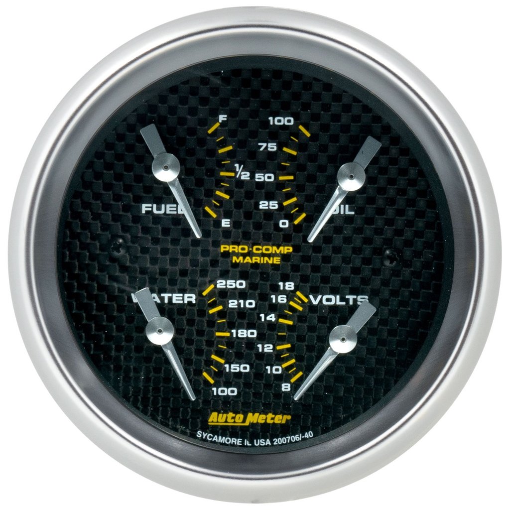 AutoMeter 3-3/8" QUAD GAUGE, 100 PSI/100-250 °F/8-18V/240-33 Ω, MARINE WHITECARBON FIBER