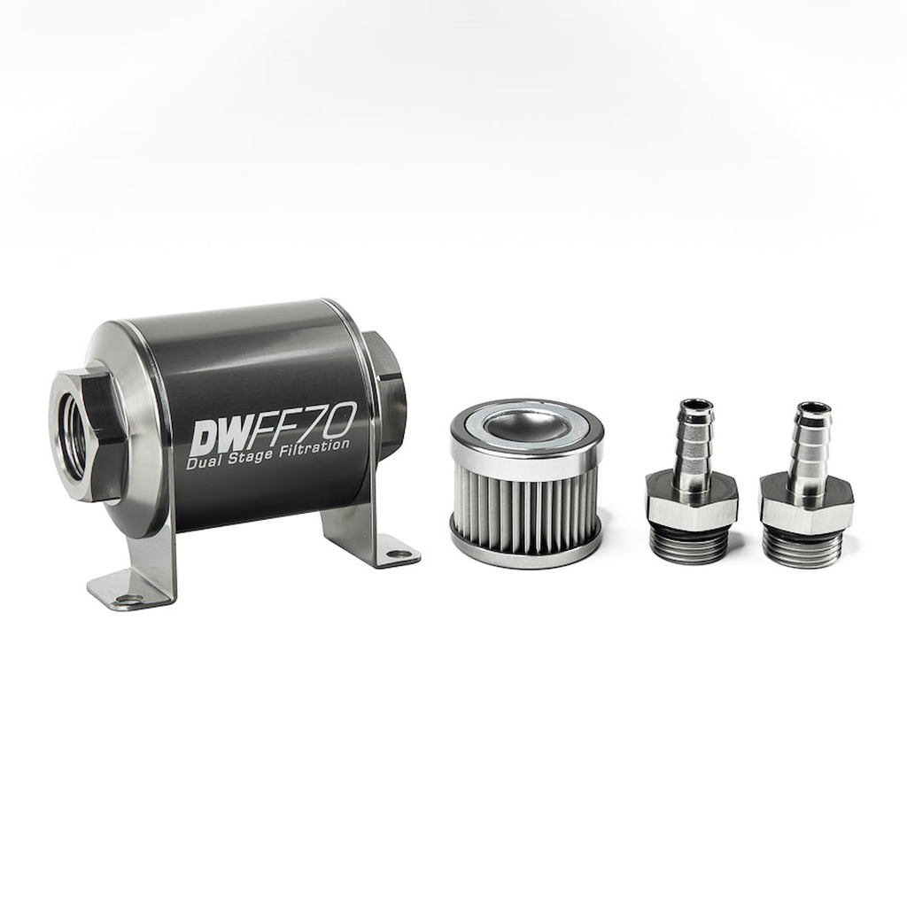 DeatschWerks 803070010K38: 803070010K38 In-line fuel filter element and housing kit stainless steel 10 micron 3/8in hose barb 70mm. Universal
