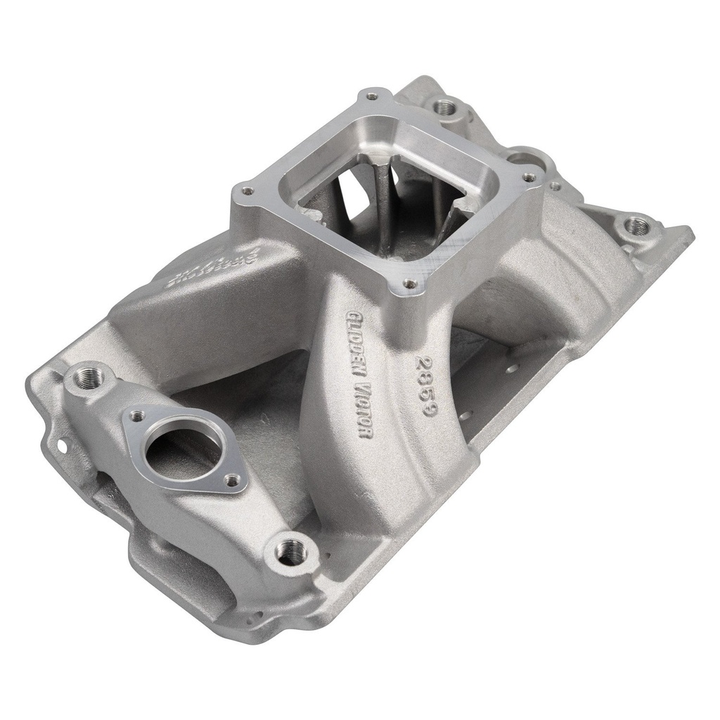 Edelbrock 2859: Victor Glidden 15°-18° Intake Manifold for Small Block Chevy