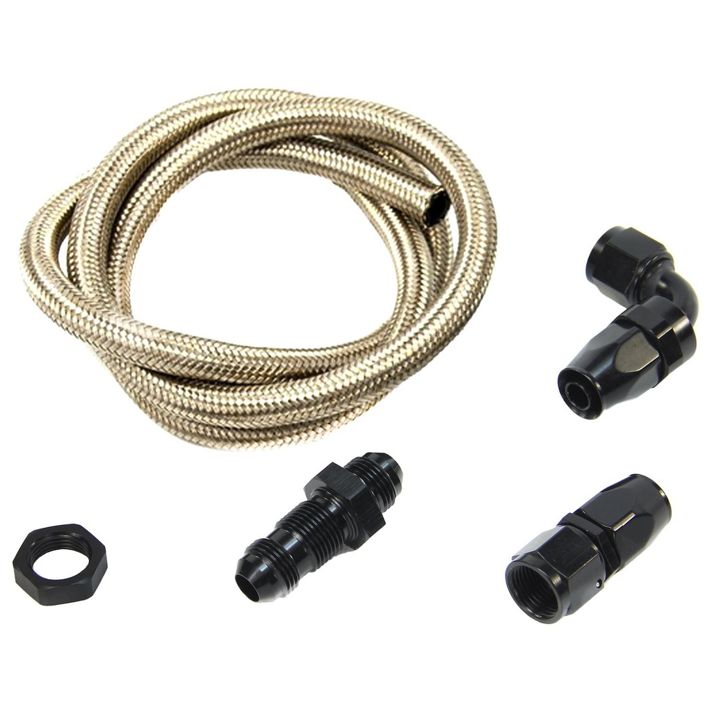 Nitrous Outlet 00-35041-B: 00-35041-B 8AN Pressure Relief Kit, 90-Degree to 90-Degree Bulk Head/3' Steel Braided Hose/Black Fittings
