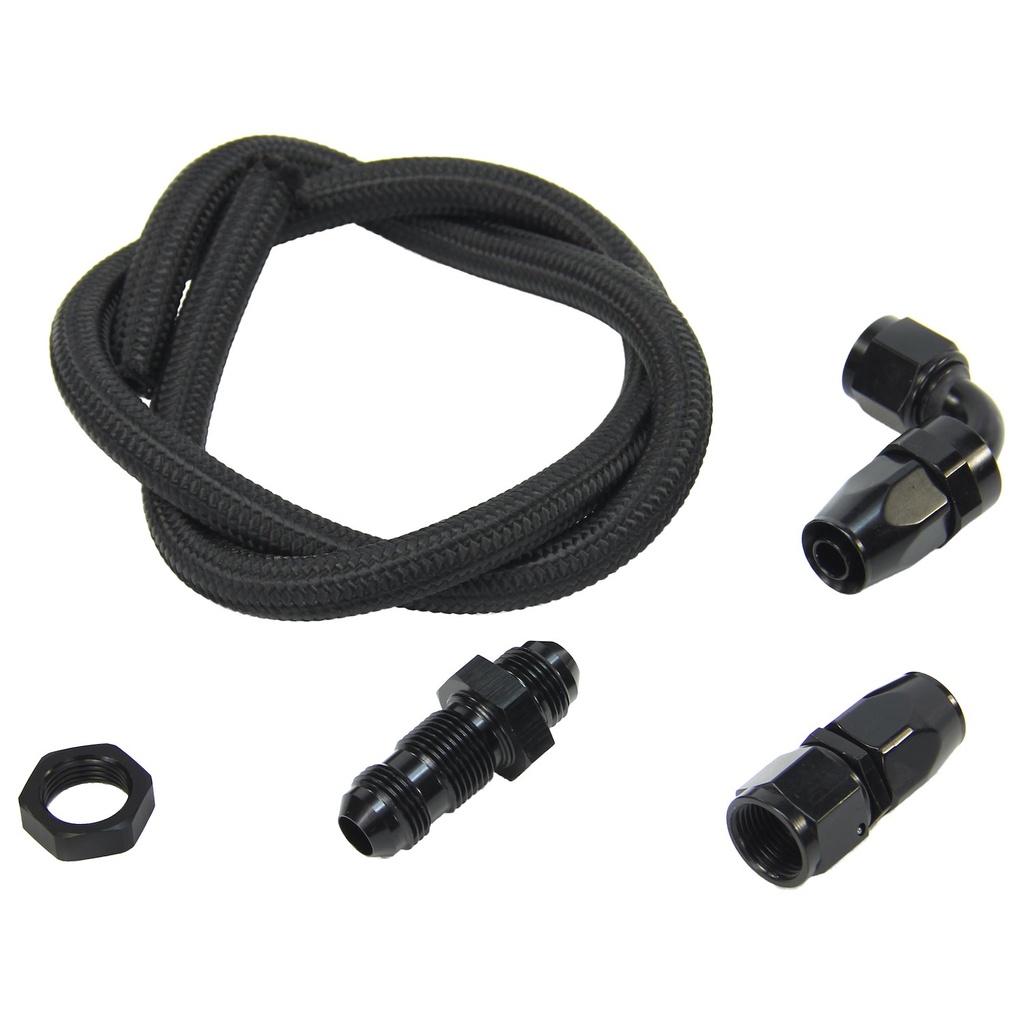 Nitrous Outlet 00-35041-B-S: 00-35041-B-S 8AN Pressure Relief Kit, 90-Degree to Straight Bulk Head/3' Steel Braided Hose/Black Fittings