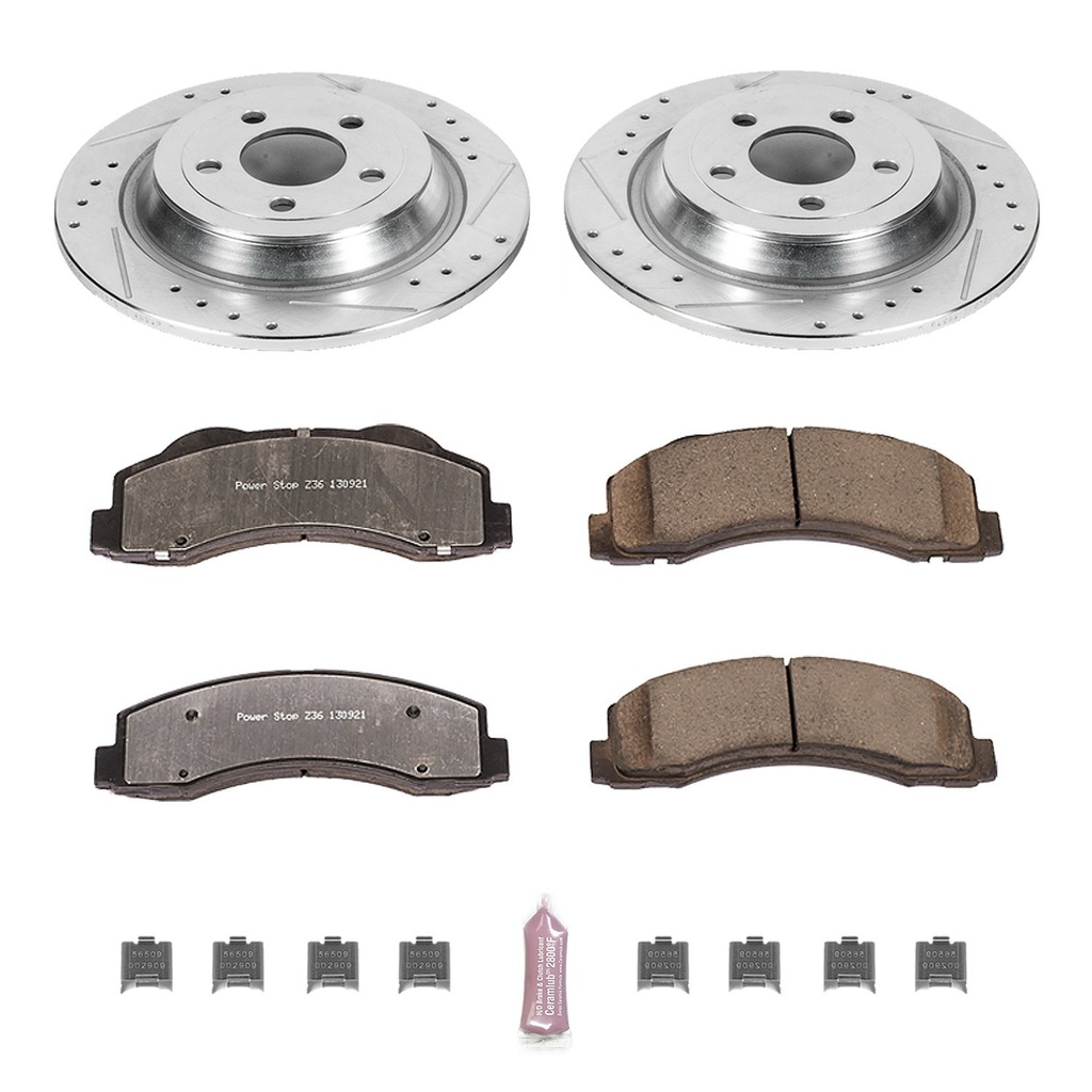 Power Stop K6814-36: Truck and Towing Z36 Brake Pad & Rotor Kit Cross-Drilled and Slotted Rotors Z36 Carbon Ceramic Brake Pads Complete Rear Kit