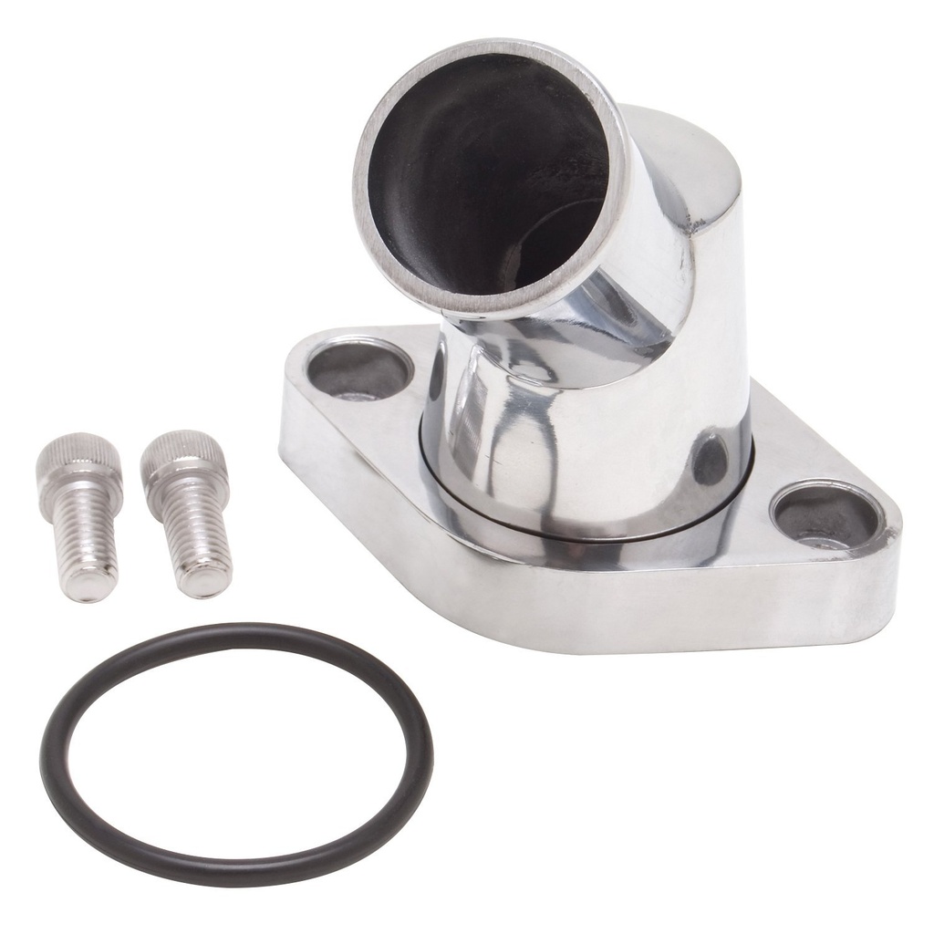 Edelbrock 4817: Polished Aluminum 45 Degree Thermostat Housing for Small Block Chevy, Big Block Chevy, Chevy 4.3L V6
