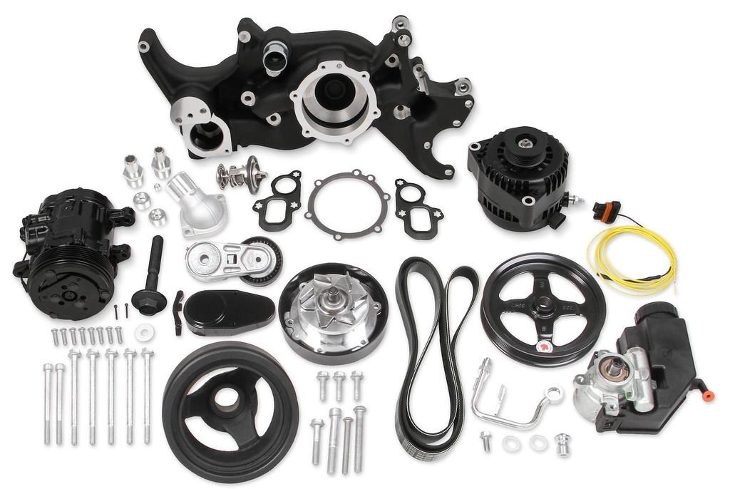 Holley 20-205BK: 20-205BK Mid-Mount Complete Accessory Drive Kit for GM Gen-V LT Engines [Cast Damper, Black Finish]
