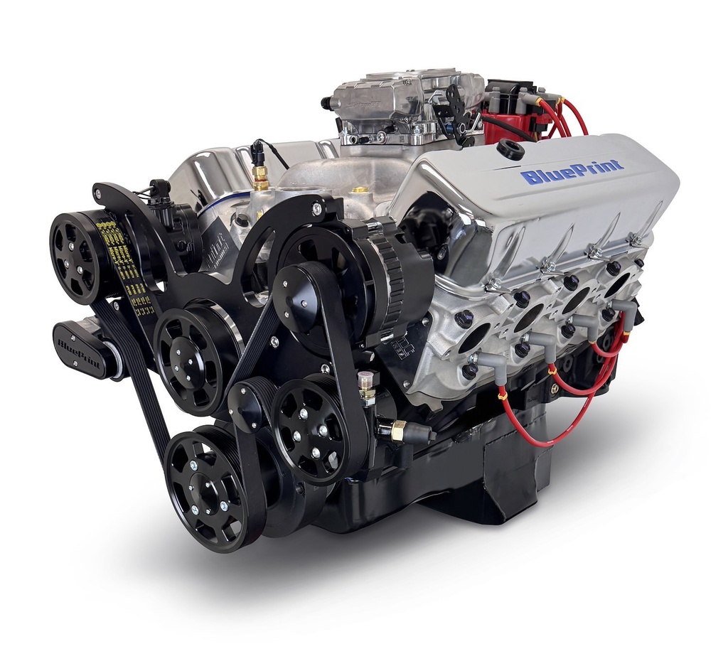 Blueprint Engines BP4967CTFKB: BP4967CTFKB GM Compatible Big Block Chevy 496 ci. Deluxe Dressed Fuel Injected Crate Engine w/Black Pulley Kit [600 HP]