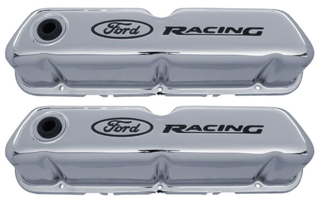 Ford Performance 302-071: Stamped Steel Tall Valve Covers for Small Block Ford 289-302-351W in Chrome Finish with Black Ford Racing Emblem