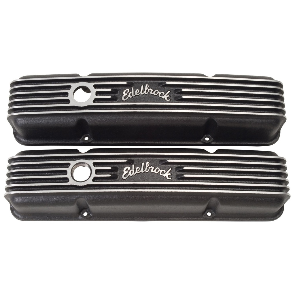 Edelbrock 41443: Classic Finned Valve Covers for 1959-1986 Small Block Chevy 262-400 with Black Powder Coated Finish