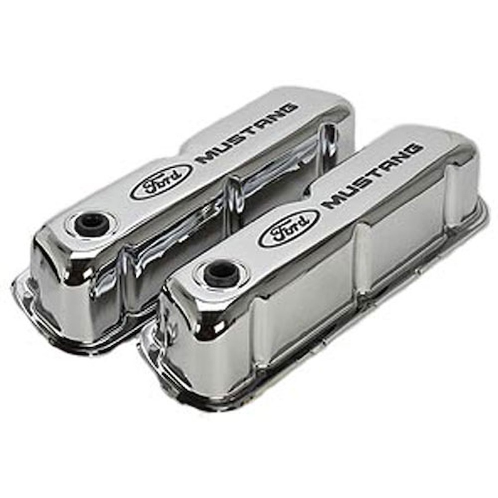 Ford Performance 302-100: Stamped Steel Tall Valve Covers for Small Block Ford 289-302-351W in Chrome Finish with Black Ford Mustang Emblem