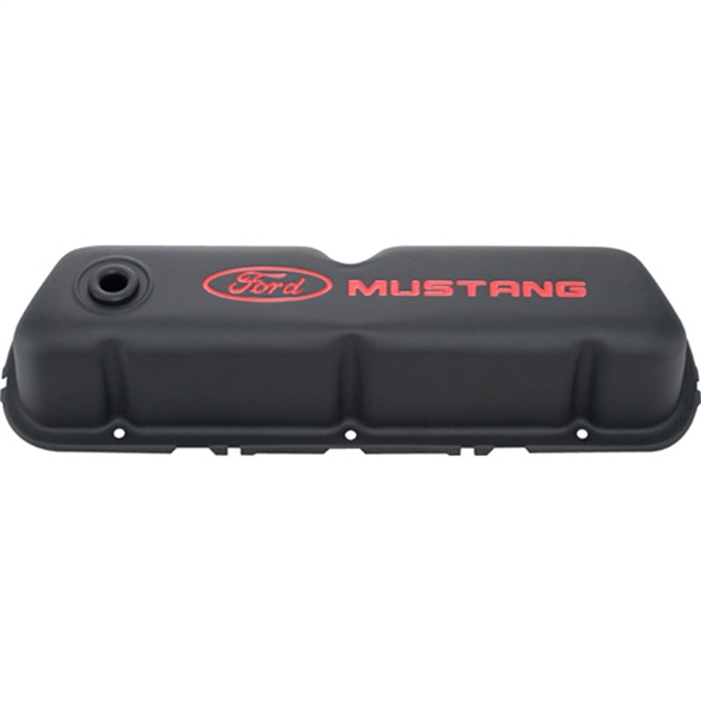 Ford Performance 302-101: Stamped Steel Tall Valve Covers for Small Block Ford 289-302-351W in Black Crinkle Finish with Red Ford Mustang Emblem