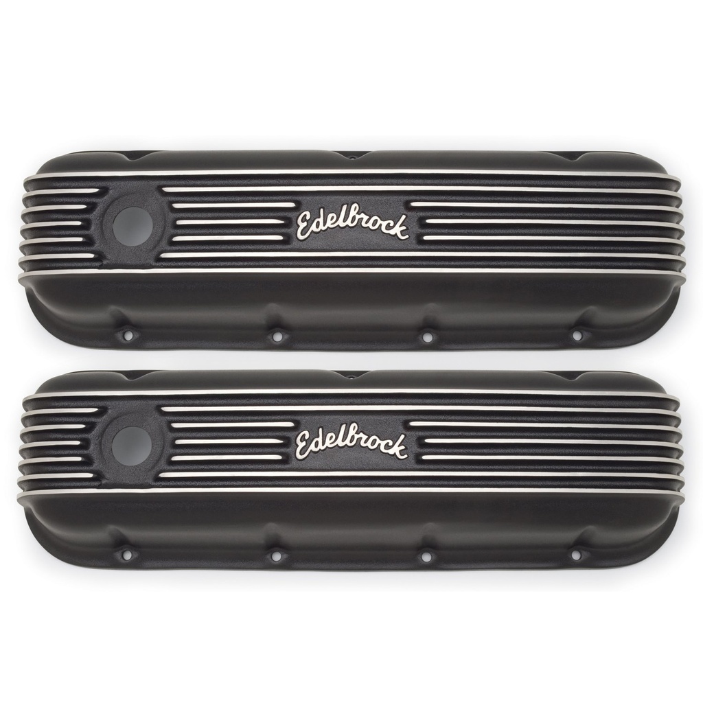 Edelbrock 41853: Classic Finned Valve Covers for 1965-Up Big Block Chevy 396-502 with Black Powder Coated Finish