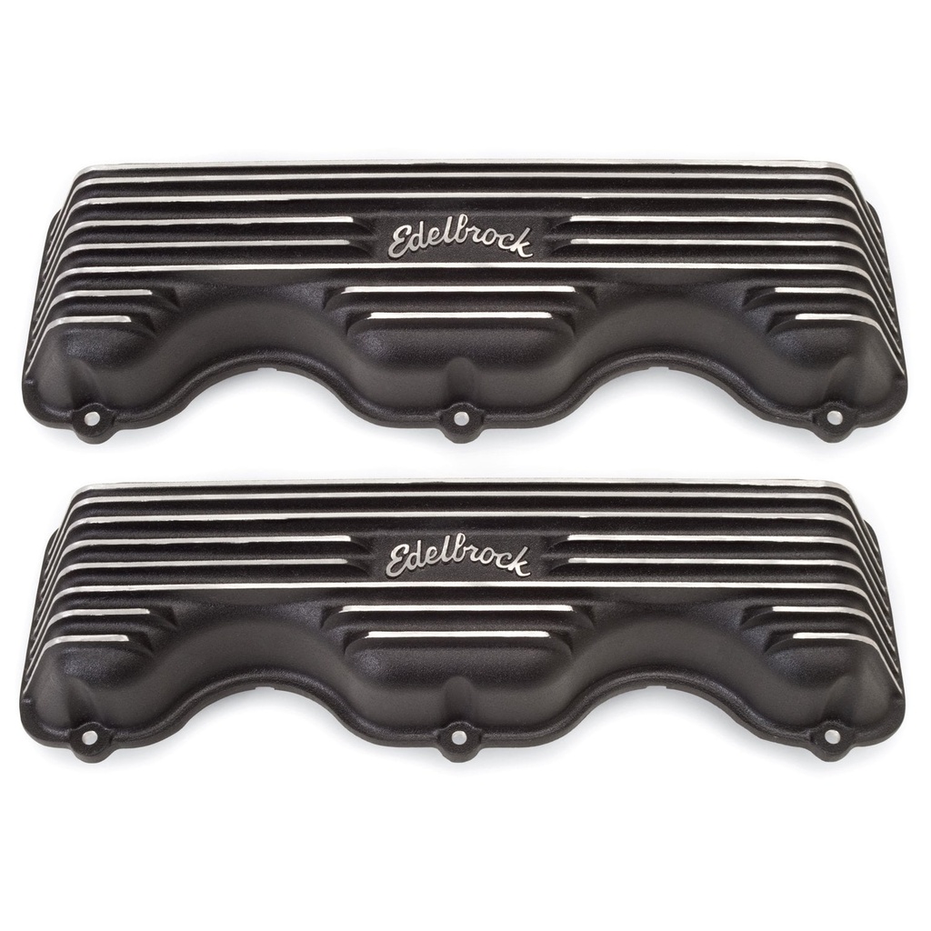 Edelbrock 41403: Classic Finned Valve Covers for Chevy W-Series 348/409 with Black Powder Coated Finish