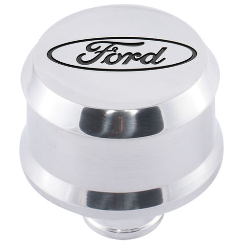 Ford Performance 302-438: Push-In Aluminum Valve Cover Air Breather Cap with Recessed Black Oval Ford Emblem in Polished Finish