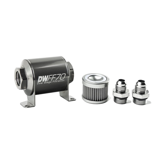 [DWK-803070010K8] DeatschWerks 803070010K8: 803070010K8 In-line fuel filter element and housing kit stainless steel 10 micron -8AN 70mm. Universal