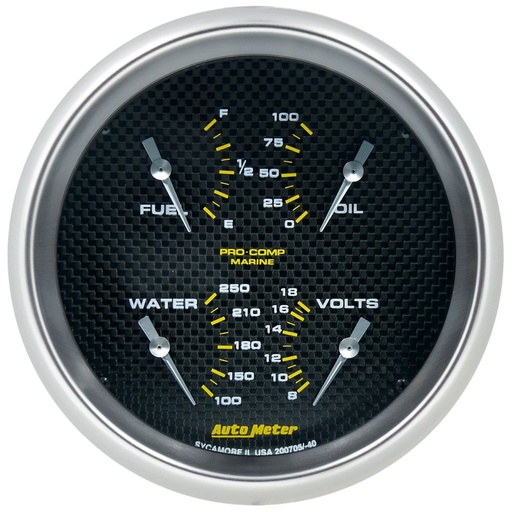 [ATM-200705-40] AutoMeter 5" QUAD GAUGE, 100 PSI/100-250 °F/8-18V/240-33 Ω, MARINE CARBON FIBER