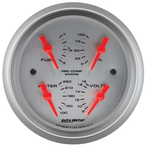 [ATM-200706-33] AutoMeter 3-3/8" QUAD GAUGE, 100 PSI/100-250 °F/8-18V/240-33 Ω, MARINE SILVER