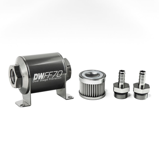 [DWK-803070010K38] DeatschWerks 803070010K38: 803070010K38 In-line fuel filter element and housing kit stainless steel 10 micron 3/8in hose barb 70mm. Universal