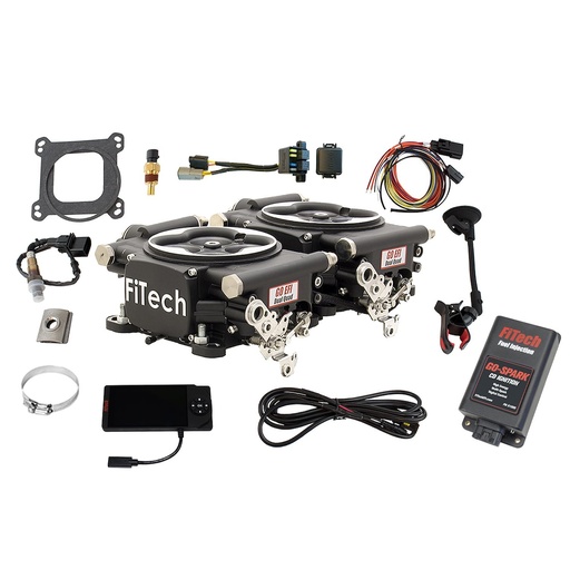 [FIF-93062] FITech Fuel Injection 93062: Go EFI 2x4 625 HP Dual Quad Throttle Body Fuel Injection Master Kit [with CDI Box] Matte Black