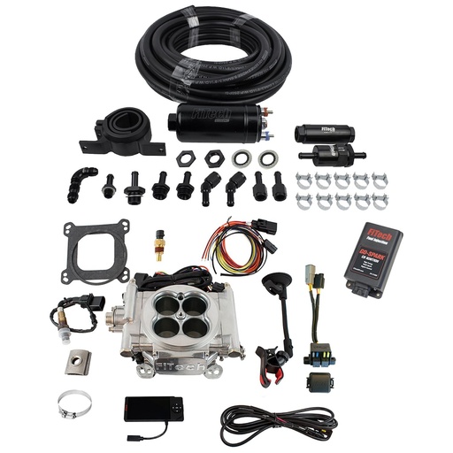 [FIF-93101] FITech Fuel Injection 93101: Go EFI-4 600 HP Throttle Body Fuel Injection Master Kit [In-line Fuel Pump and CDI Box] Bright Aluminum