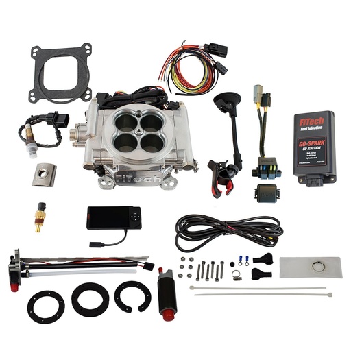 [FIF-93601] FITech Fuel Injection 93601: Go EFI-4 600 HP Throttle Body Fuel Injection Master Kit [With Go-Fuel Universal In-Tank Pump Module 340 LPH & CDI Box] Bright Al