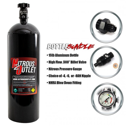[NXO-00-30170-6] Nitrous Outlet 00-30170-6: 00-30170-6 15lb Bottle Bundle, .508 ID Billet Valve/6AN Nipple/NHRA Blow Off/Pressure Gauge