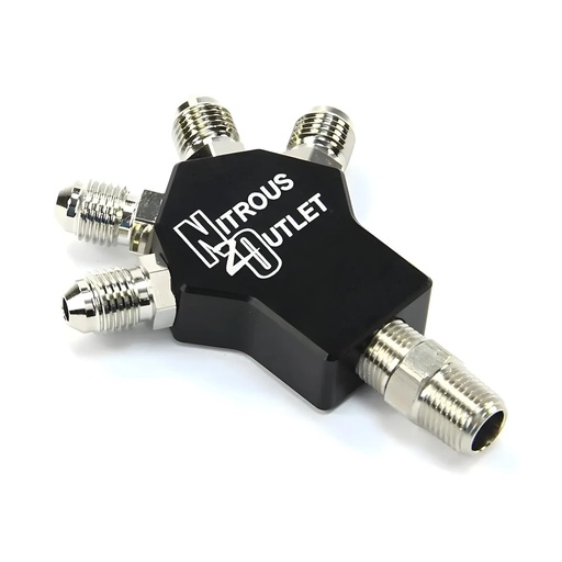 [NXO-50-01725] Nitrous Outlet 50-01725: 50-01725 Powersports 1 In 4 Out Distribution Block w/Fittings, 1/8 in. NPT Male Inlet, 3AN Male Outlets
