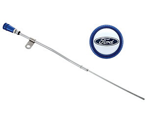 [FMS-302-400] Ford Performance 302-400: Engine Oil Dipstick for 1962-1978 Ford 289-302-351W in Chrome Finish with Blue Anodized Knurled Handle