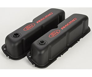 [FMS-302-072] Ford Performance 302-072: Stamped Steel Tall Valve Covers for Small Block Ford 289-302-351W in Black Crinkle Finish with Red Ford Racing Emblem