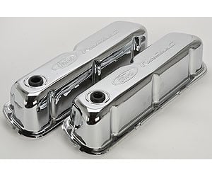 [FMS-302-070] Ford Performance 302-070: Stamped Steel Tall Valve Covers for Small Block Ford 289-302-351W in Chrome with Embossed Ford Racing Emblem
