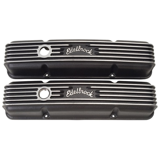 [EDL-41443] Edelbrock 41443: Classic Finned Valve Covers for 1959-1986 Small Block Chevy 262-400 with Black Powder Coated Finish