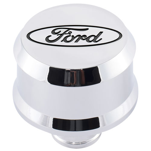 [FMS-302-439] Ford Performance 302-439: Push-In Aluminum Valve Cover Air Breather Cap with Recessed Black Oval Ford Emblem in Chrome Finish