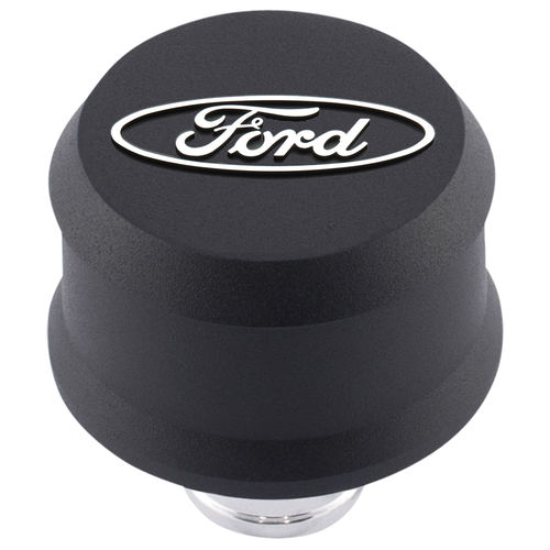 [FMS-302-435] Ford Performance 302-435: Push-In Aluminum Valve Cover Air Breather Cap with Raised & Machined Oval Ford Emblem in Black Crinkle Finish