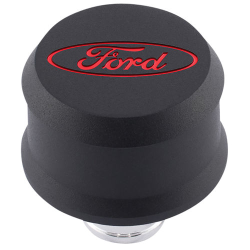 [FMS-302-440] Ford Performance 302-440: Push-In Aluminum Valve Cover Air Breather Cap with Recessed Red Oval Ford Emblem in Black Crinkle Finish